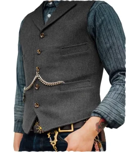 Men’s Vest Formal Business Tweed Tuxedo Wedding Waistcoat with Gold Buttons