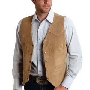 Men’s Vest Gold Suede Leather Gentleman Business Waistcoat Vintage Western Cowboy Regular Slim Business