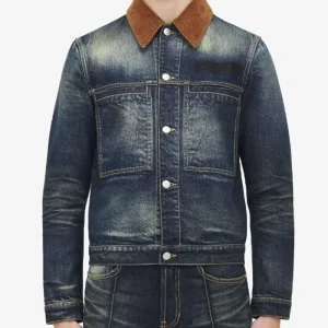 Men’s Vintage Acid Wash Denim Jacket 100% Cotton Brown Turn-Down Collar Autumn Winter