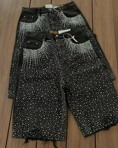 Men’s Vintage Acid Wash Rhinestone Denim Shorts Custom Distressed Baggy Y2K Streetwear Jean Shorts
