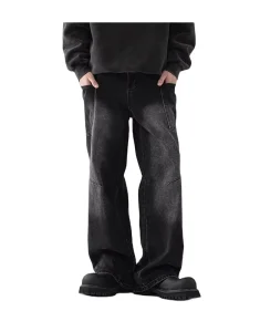 Men’s Vintage Black Gradient Washed Wide Leg Denim Pants Multi Side Patch Pockets Stitch Seam Baggy Jeans Y2K Streetwear