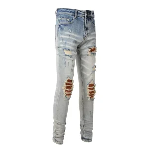 Men’s Vintage Blue Ripped Patchwork Elastic Stretch Jeans Slim Fit Skinny Hip Hop Winter Street Wear