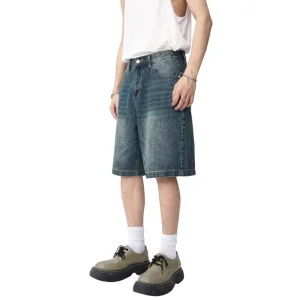 Men’s Vintage Boot Cut Mid Waist Summer Denim Shorts Pants American Retro Loose Fit Washed Fashion Nylon Cotton
