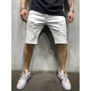 Men’s Vintage Breathable Distressed Denim Shorts with Frayed Hem Skinny Fit Mid Rise Streetwear Casual Summer Style in White