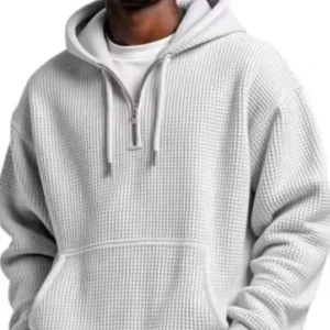 Men’s Vintage Casual Waffle Quarter Zipper Drawstring Hoodie Heavyweight Winter Pullover 100% Cotton Sweatshirt for Men