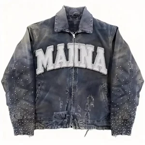 Men’s Vintage Denim Jacket HipHop Cotton Coat Stone Wash Breathable Rhinestone Embroidered Custom Design