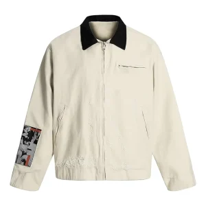 Men’s Vintage Distressed Black Collar Contrast Jacket Loose Fit Zip Up Streetwear Coat
