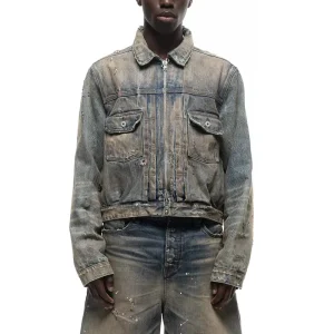Men’s Vintage Distressed Heavy Denim Fabric With Retro Washed Trucker Style Jacket