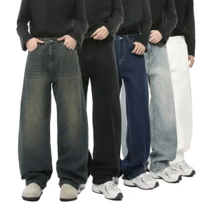 Men’s Vintage Distressed Washed Denim Wide Leg Loose Fit Mid Waist Casual Jeans