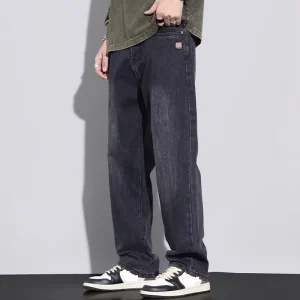 Men’s Vintage Fashion Loose Straight Solid Color Denim Pants Simple Long Casual Jeans