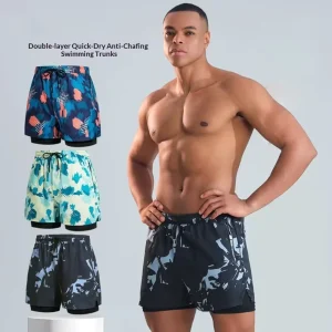 Men’s Vintage Five-Point Swimming Trunks Shorts Set Drawstring Closure Anti-Embarrassment Professional Swimwear