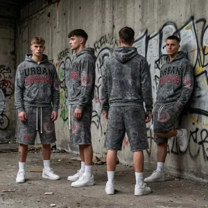Men’s Vintage Graphic Full Zip Hoodie And Shorts Set Digital Full Printed Letter Silk Screen Streetwear Two Piece Set