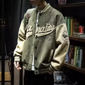 Men’s Vintage Hip Hop Varsity Leather Jacket Japanese Style Windproof Retro Loose Fit for Winter