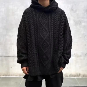 Men’s Vintage Knitted Jumper Cable Long Sleeve Knitwear Hoodie Design Cotton Knit Clothing Pullover Sweater Men