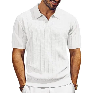 Men’s Vintage Loose Short-Sleeved Polo Shirt Knit with Breathable Vertical Striped Lapel Summer T-Shirt