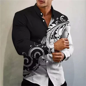 Men’s Vintage Polo Shirt, 3D Printed Striped Graphic, Casual Long-Sleeved, Lapel Button
