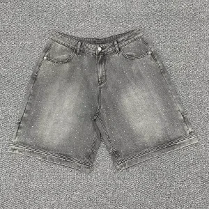 Men’s Vintage Straight Mid Waist Custom Diamond Logo Denim Shorts OEM & ODM