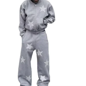 Men’s Vintage Street Style 100% Cotton Oversized Hoodie Set with Star Rhinestone Custom High-Zipper Sweatshirt