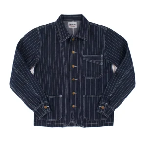 Men’s Vintage Striped Denim Work Jacket Retro Wabash Stripe Chore Coat Casual Long Sleeve Button up