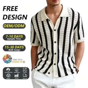 Men’s Vintage Striped Open Knit Polo Shirt Short Sleeve Button-Down Breathable Resort Casual Knitwear for Summer Beach