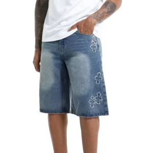 Men’s Vintage Style Jorts Custom Baggy Denim Shorts with Rhinestones and Distress Summer Streetwear