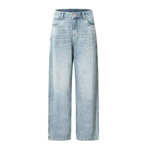 Men’s Vintage Style Medium Stonewashed Cotton Denim Leg Pants Mid Waist Loose Straight Hip Hop Spring Jeans