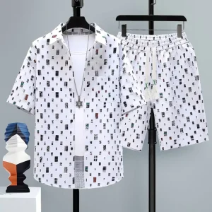 Men’s Vintage Style Short Sleeved Shirts and Shorts Set Breathable Knitted Fabric Printed Beach Wear for Summer