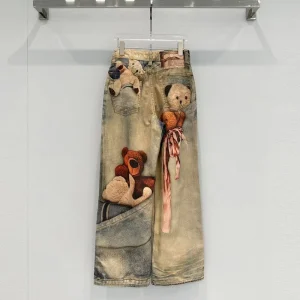 Men’s Vintage Teddy Bear Print Denim Pants 100% Cotton Heavyweight Straight Leg Jeans Breathable Custom Service