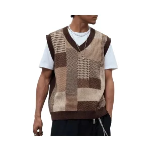 Men’s Vintage Vest Custom Plaid Print Sleeveless V Neck Knit Vest Pullover Casual Knit Tank Tops