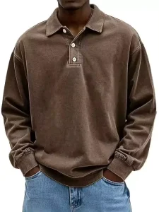 Men’s Vintage Wash Oversized Breathable Soft Polo Shirt Retro Brown Loose Fit Long Sleeve Sweatshirt Polo