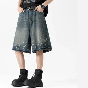 Men’s Vintage Washed Ripped Denim Shorts Loose Straight Mid Waist Casual Summer
