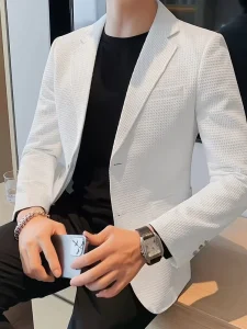 Men’s Waffle Texture Blazer Khaki Casual Business Suit Jacket Slim Fit Two Button Design for Office Meetings Daily