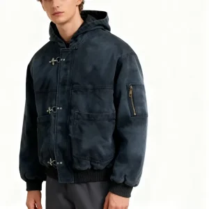 Men’s Washed Metal Buckle Hooded Bomber Jacket Distressed Canvas Utility Toggle Workwear Water Resistant Vintage Multi Pocket