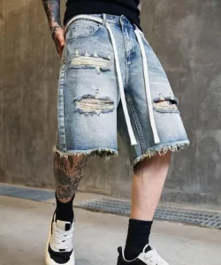 Men’s Water Streetwear Rip Style Custom Loose Fit Denim Shorts ODM