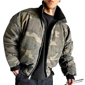 Men’s Waterproof Coated Flight Jacket Short Length Loose Casual Style Collar Zipper Closure Contrasting Plus Size