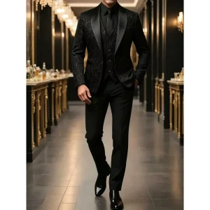 Men’s Wedding Suit Formal Tuxedo Jacquard Shawl Lapel Blazer Waistcoat Trousers 3 Piece Set