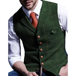 Mens Wedding Tuxedos Suits Vest Tweed Casual Decorative Pocket Slim Waistcoat Men Formal Business Men’s Dress Vest