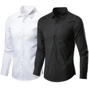 Men’s White Black Dress Shirts Regular Fit Long Sleeve Polyester Business Formal Shirts