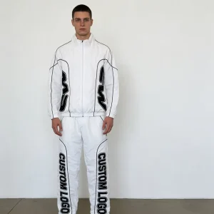 Men’s White Black Nylon Fabric Custom Logo Print Piping Detail Turtleneck Zipper Two Piece Casual Sports Breathable