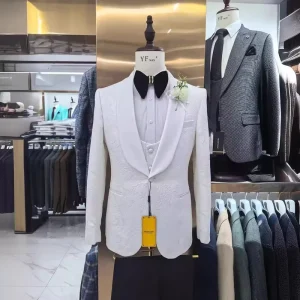 Men’s White Jacquard 3 Piece Suit One Button Back Vent Blazer Pants Vest Shawl Lapel Breathable Plus Size