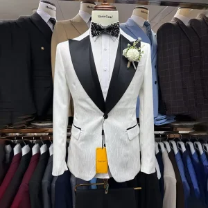Men’s White Plus Size Cotton Polyester 3 Piece Suit Set Single Breasted Slim Fit Blazer Vest Pants for Business Cocktail
