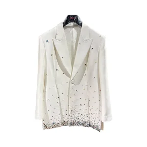Men’s White Single-breasted Blazer Rhinestone Embellished Slim Fit Suit for Wedding Banquet Business