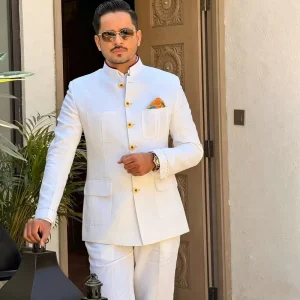 Men’s White Slim Fit 2 Piece Suit Jacket Pants Set Stand Collar Formal Wedding Office Work Clothing