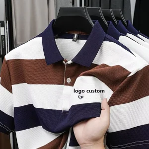 Men’s Wide Stripe Button Embroidery Summer Short Sleeved Polo Shirt Customized Logo Casual Collar Golf Shirt