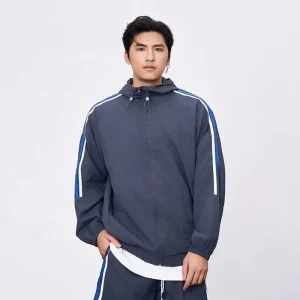 Men’s Windbreaker Jacket and Shorts Two Piece Set Lightweight Breathable Hooded Tracksuits with Striped Design for Running Hiking