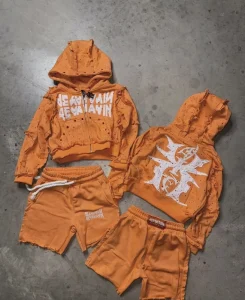 Men’s Windproof Breathable Acid Wash Distressed Rhinestone Gothic Print Zip-Up Hoodie Shorts Set Metal Cross Charm Urban