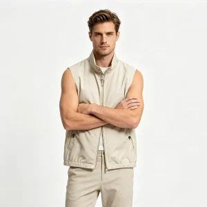 Men’s Windproof Business Casual Vest Stand Collar Nylon Spandex Sleeveless Jacket Two way Zip Lightweight Gilet for Men