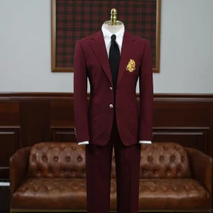 Men’s Wine Red Suit Set Ivy League Preppy Style Club Blazer Embroidered Crest Slim Fit British School Uniform