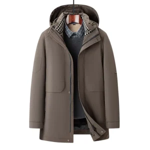 Men’s Winter Business Casual Thickened Fleece Cotton Coat with Detachable Hood Long Warm Cotton Jacket Winter Wear