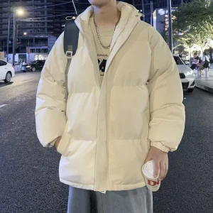 Men’s Winter Casual Cotton Padded Coat Loose Hooded Thickened Warm Bread Style Zipper Closure